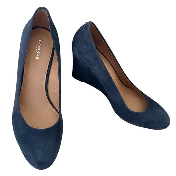 Coach Rileigh Suede Wedges Heels Leather Midnight Navy Blue Size 9B - Picture 1 of 8